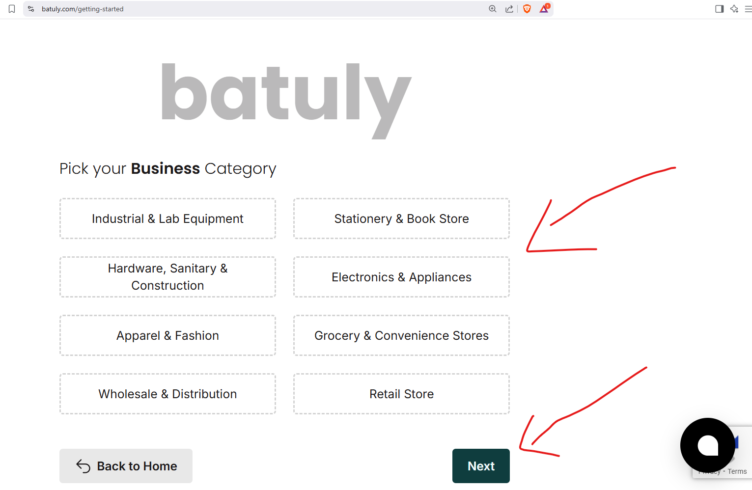 Business Category Selection