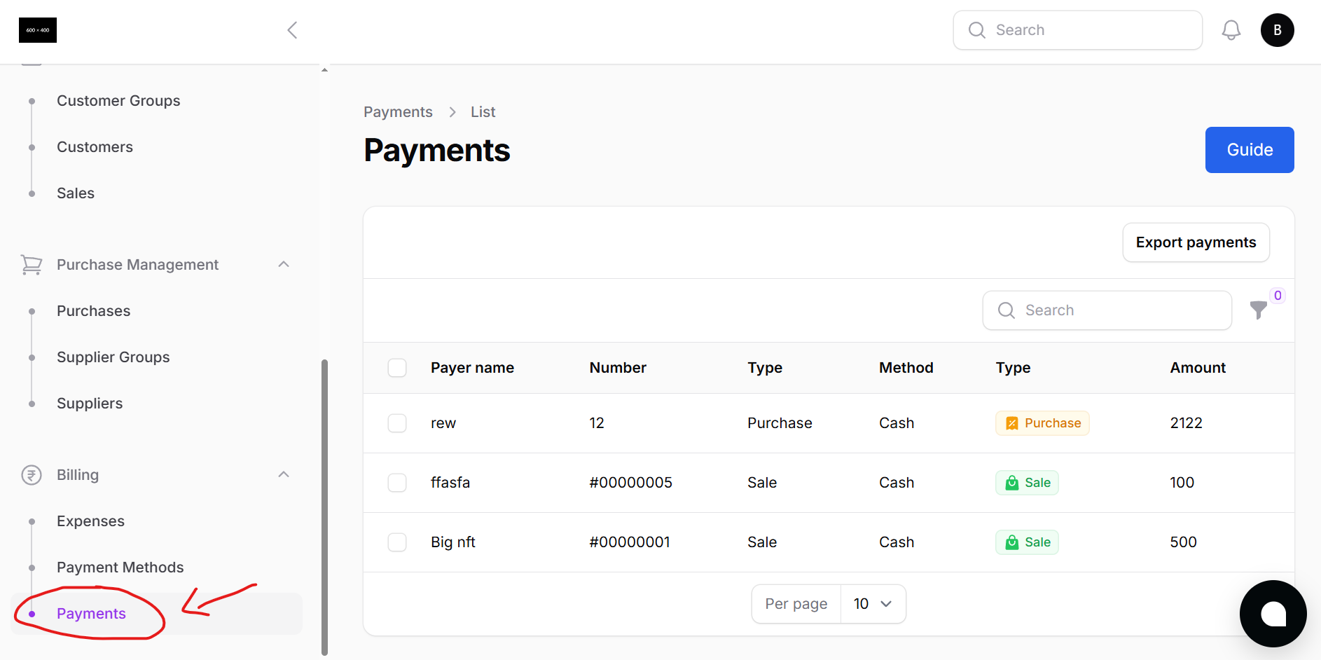 Payments List Page
