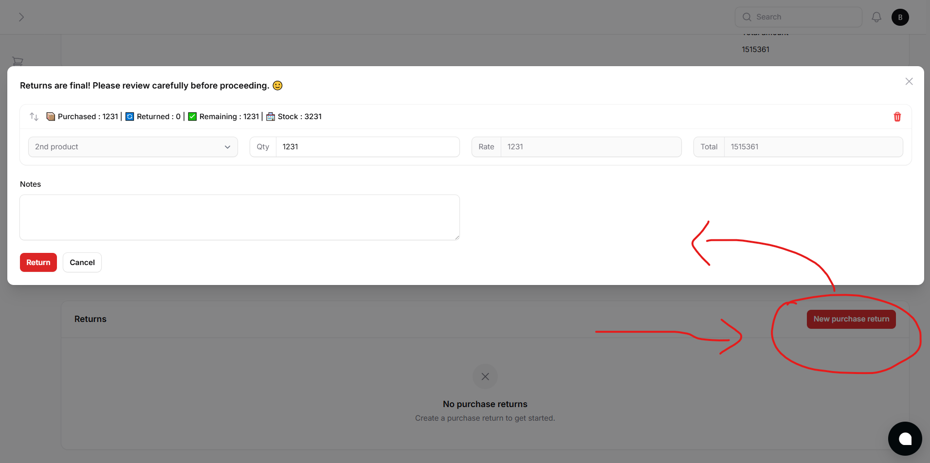 Full Purchase Return Modal