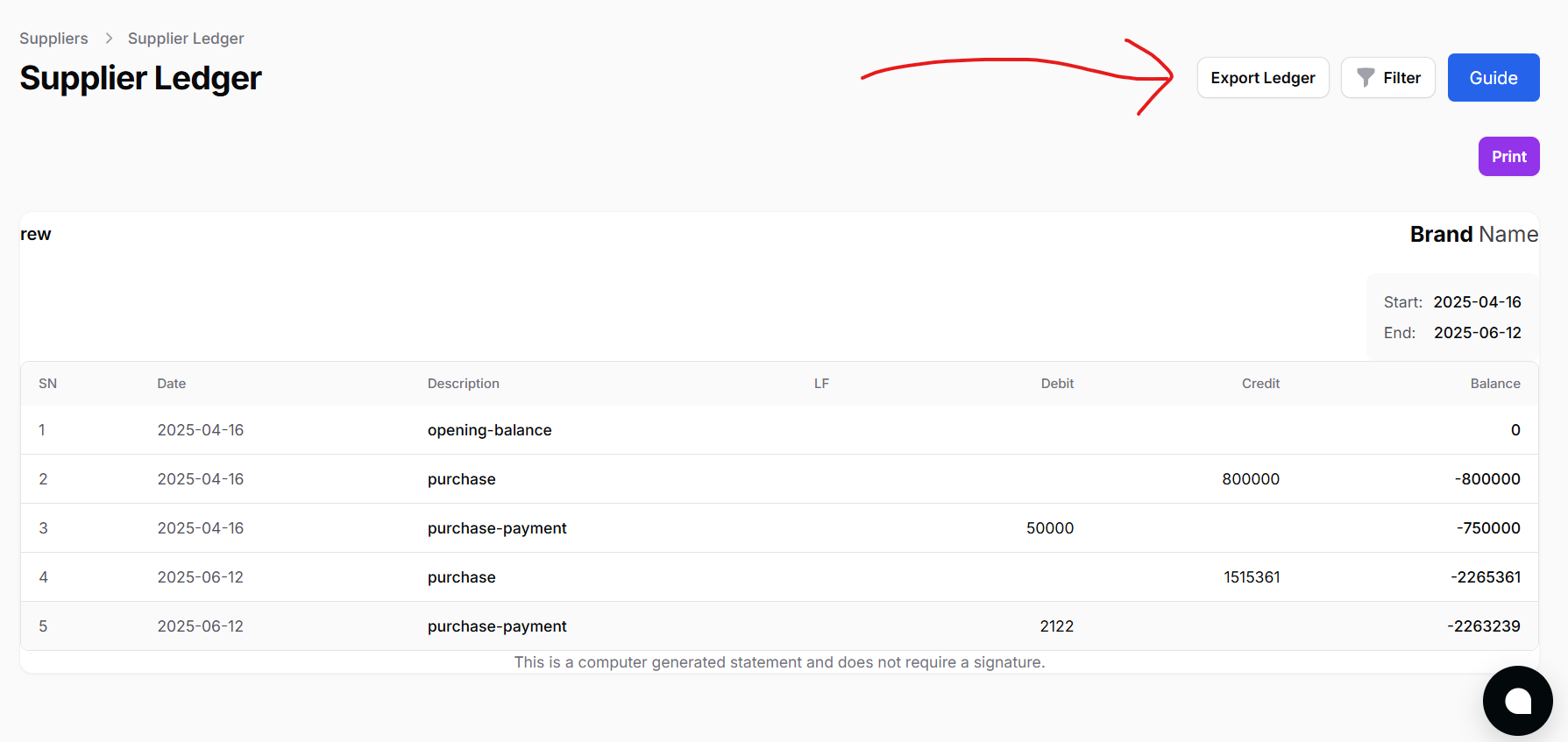 Supplier Ledger Page